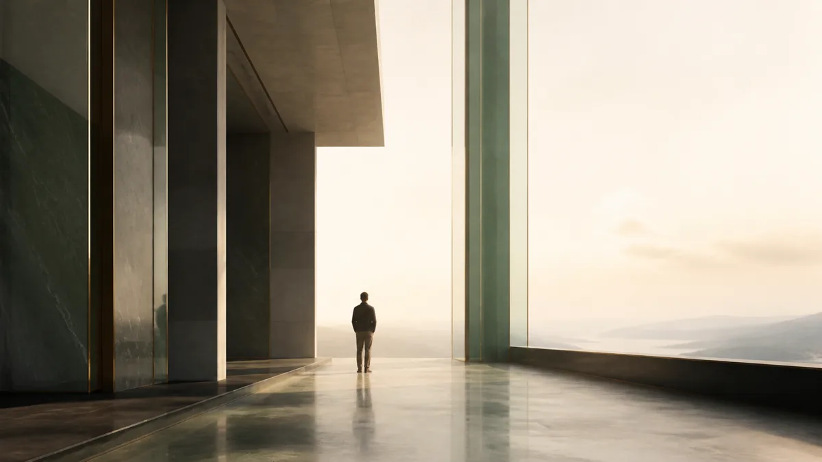A lone human figure standing inside unfinished architecture as light opens into an expansive horizon